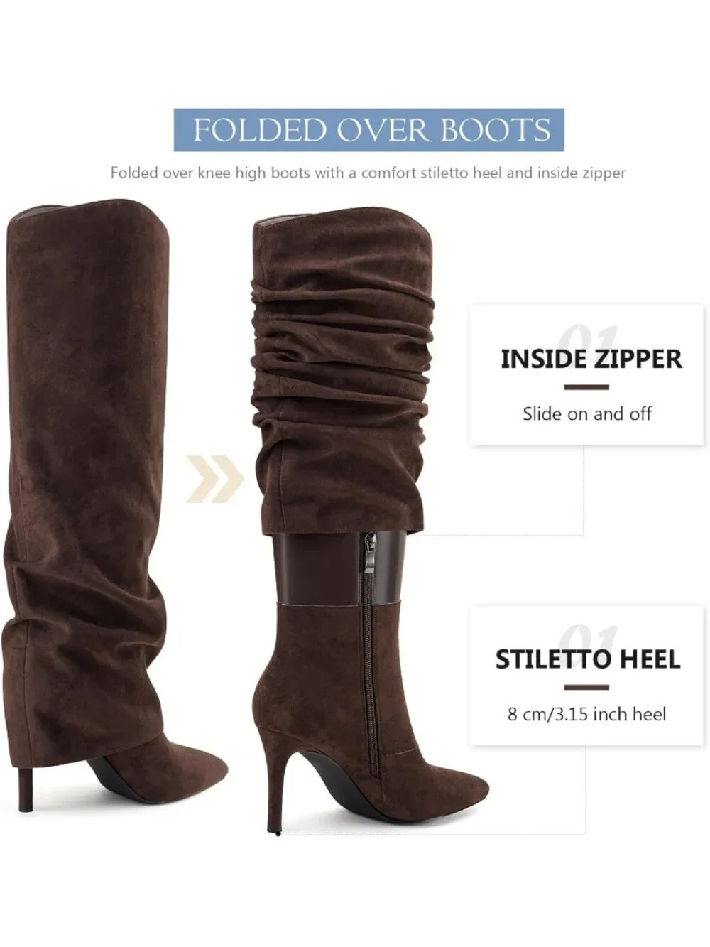 Women's Brown Suede Stiletto High Heels Pointed Toe Fold Over Knee High Boots